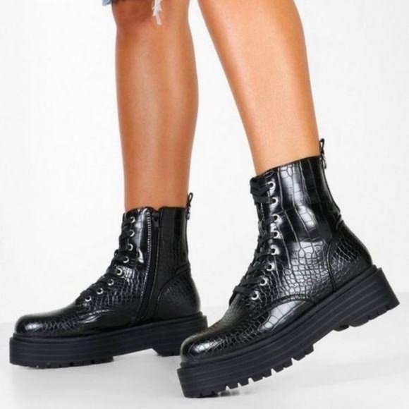Black Croc Embossed Combat Boots - Picture 10 of 10